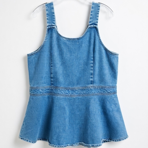 eshakti Light Blue Denim Tank with Leather Logo Patch - Picture 2 of 8